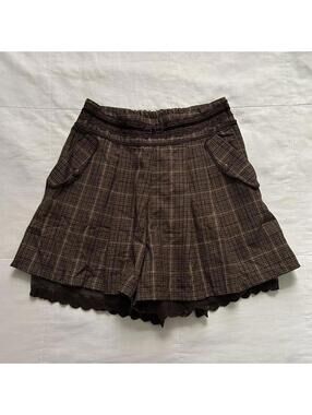 Axes femme Brown plaid pleated skirt look culotte shorts with lace trim